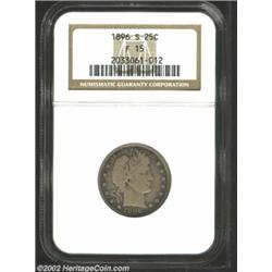 1896-S 25C Fine 15 NGC. Lilac-gray in color, with a lighter color on the devices. LIBERTY and E PLUR