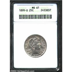 1899-O 25C MS61 ANACS. The smooth, satiny surfaces are virtually unmarred by mentionable detractions