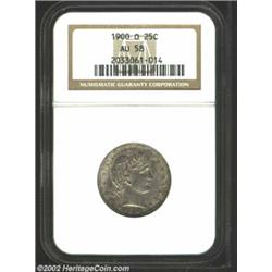 1900-O 25C AU58 NGC. Dusky pearl-gray patina dominates, with hints of sea-green iridescence at the m