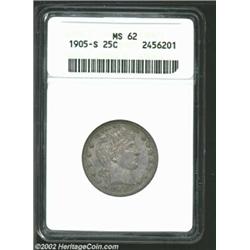 1905-S 25C MS62 ANACS. Deeply variegated lavender, gold, and apple-green patina. Sharply struck and.