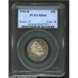 1910-D 25C MS64 PCGS. Splendid aqua, golden-brown, and power-blue patina. A boldly struck near-Gem t