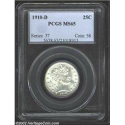 1910-D 25C MS65 PCGS. Brilliant and lustrous, there is a small planchet flaw (as struck) behind and.