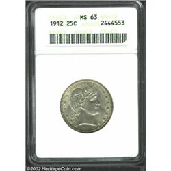 1912 25C MS63 ANACS. Frosty with delicate peripheral haze, this is a nice example of the Barber Quar