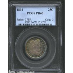 1894 25C PR66 PCGS. With steel gray surfaces giving way to amber and blue iridescent patina, this is