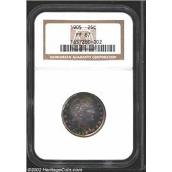 1905 25C PR67 NGC. The surfaces appear to be unhairlined and defect-free on each side. Close examina