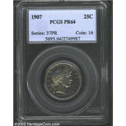 1907 25C PR64 PCGS. With moderate toning and attractive surfaces, this scarce Proof issue has a mint