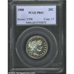 1908 25C PR63 PCGS. A mere 545 pieces were struck of this Proof Barber Quarter. This specimen displa