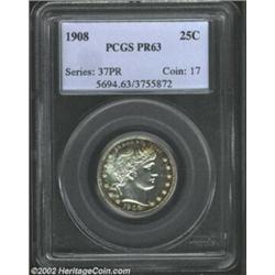 1908 25C PR63 PCGS. A mere 545 pieces were struck of this Proof Barber Quarter. This specimen displa