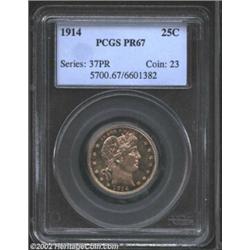 1914 25C PR67 PCGS. A fully original specimen striking of the 1914 Barber Quarter, this coin display