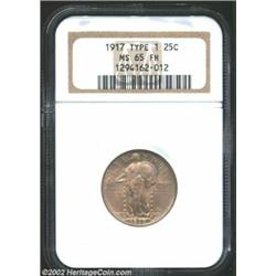 1917 25C Type One MS65 Full Head NGC. With a uniform gray-amber patina and satin finish surfaces, th