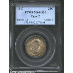 1917 25C Type Two MS64 Full Head PCGS. Gentle mottled russet patina rests about the rims on this unm