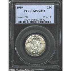 1919 25C MS64 Full Head PCGS. This scarce early Standing Quarter is very close to full Gem quality..