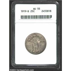 1919-D 25C AU55 ANACS. Hints of bright luster percolate beneath the rich dove-gray patina. While the