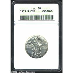 1919-S 25C AU50 ANACS. Modest wear shows on the highest points of the obverse. Essentially untoned,.