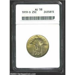 1919-S 25C AU58 ANACS. The bright yellow-green patina is both original and attractive. A boldly stru