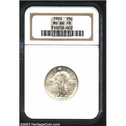 1920 25C MS64 Full Head NGC. A superior, satin-surfaced specimen that is exceptionally sharp and ess