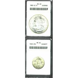 1923 25C Quarter MS64 ANACS, pleasing for the grade; and an 1882-CC Dollar MS63 ANACS, satiny luster