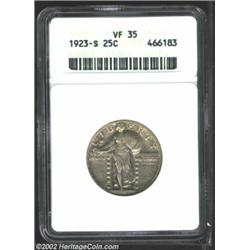 1923-S 25C VF35 ANACS. Dusky slate-gray patina, with a hint of yellow-brown color on the highpoints.