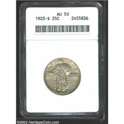 1923-S 25C AU50 ANACS. The borders have speckles of pale apple-green patina, while the centers have.