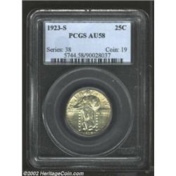 1923-S 25C AU58 PCGS. Mottled russet toning is note on the obverse and reverse of this lightly circu