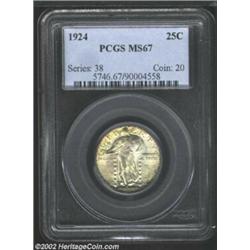 1924 25C MS67 PCGS. Varying patterns of peripheral patina appear on each side of this well struck Su