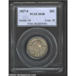 1927-S 25C XF40 PCGS. Medium gray with blushes of deeper violet on each side. Several parallel scrat