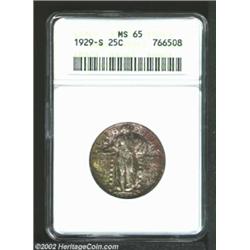 1929-S 25C MS65 ANACS. Outrageously toned with vivid apple-green and copper-gold colors. A gorgeousl