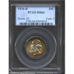 1934-D 25C MS64 PCGS. Intense pink-red, orange-gold, and olive peripheral toning fades to brilliance