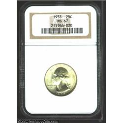 1935 25C MS67 NGC. Glistening, frosty textured surfaces are alive with delicate golden overtones. Th