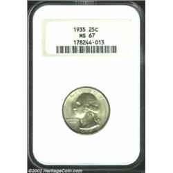 1935 25C MS67 NGC. Fully struck with satiny luster. This is a premium example in this lofty grade. P