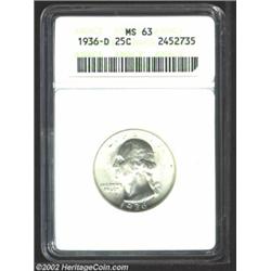 1936-D 25C MS63 ANACS. Clean surfaces with smooth, satiny luster and a soft white appearance. A scar