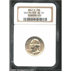 1942-D 25C AU50 NGC. Double Die Obverse. This is the only specimen of this variety graded by either.