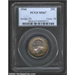 1946 25C MS67 PCGS. Beautiful surfaces with gray-lilac and rose toning covering both sides of this i