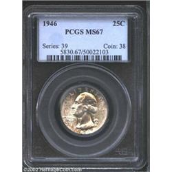 1946 25C MS67 PCGS. The variegated sprinkles of sea-green, golden-brown, and russet patina confirm t