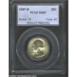 1947-D 25C MS67 PCGS. Variegated pastel shades of sea-green and violet color. Boldly struck and high