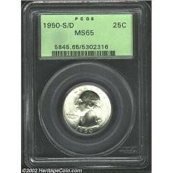 1950-S/D 25C MS65 PCGS. Nary a trace of color is noted on the surfaces of this scarce variety.From t