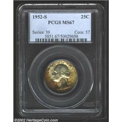 1952-S 25C MS67 PCGS. Orangish-bronze patina blankets the reverse of this quarter but ends nearly ab