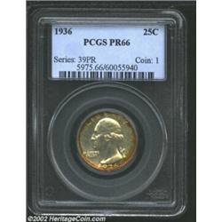 1936 25C PR66 PCGS. A peripheral band of copper-gold patina frames the yellow-gray centers. A well s