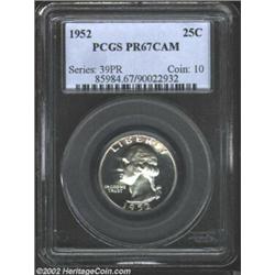 1952 25C PR67 Cameo PCGS. Mostly brilliant and close to "as struck" status, with stark field-to-devi