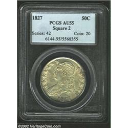 1827/6 50C AU55 PCGS. O-102, R.1. Mis-attributed as the regular variety of 1827 on the insert, this.