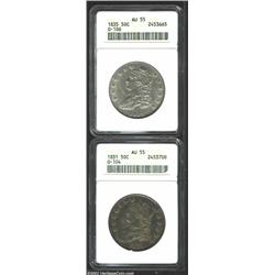 1831 50C AU55 ANACS, O-104, R.1, deep, variegated rose and olive toning; and an 1835 AU55 ANACS, O-1