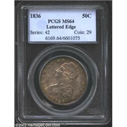 1836 50C Lettered Edge MS64 PCGS. O-114, R.2. Copper-gray central toning gives way to more vibrant o