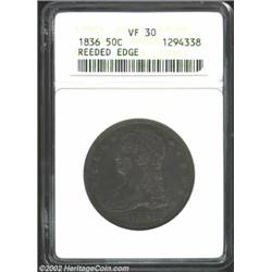 1836 50C Reeded Edge VF30 ANACS. Muted gunmetal-gray surfaces display a few shallow scratches in the