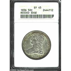 1836 50C Reeded Edge XF45 ANACS. Both sides have a muted slate-gray appearance through the centers,.