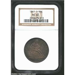 1841-O 50C MS63 NGC. Deep golden-brown patina, with hints of cobalt-blue color at the borders. A wel