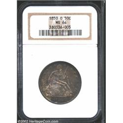 1850-O 50C MS64 NGC. Richly toned with blue-violet, sea-green, and golden-brown colors. A well struc