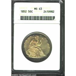 1852 50C MS63 ANACS. Golden hues on the obverse are surrounded by gray peripheral toning. The mostly