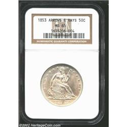 1853 50C Arrows and Rays MS65 NGC. The 1853 is a desirable one-year type Seated Half Dollar with arr