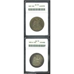 1855 50C Arrows AU50 ANACS, medium gray color overall lends a fully original appearance; and an 1855