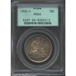 1859-O 50C MS64 PCGS. Lovely apple-green, electric-blue, and copper-gold patina. An exquisitely stru